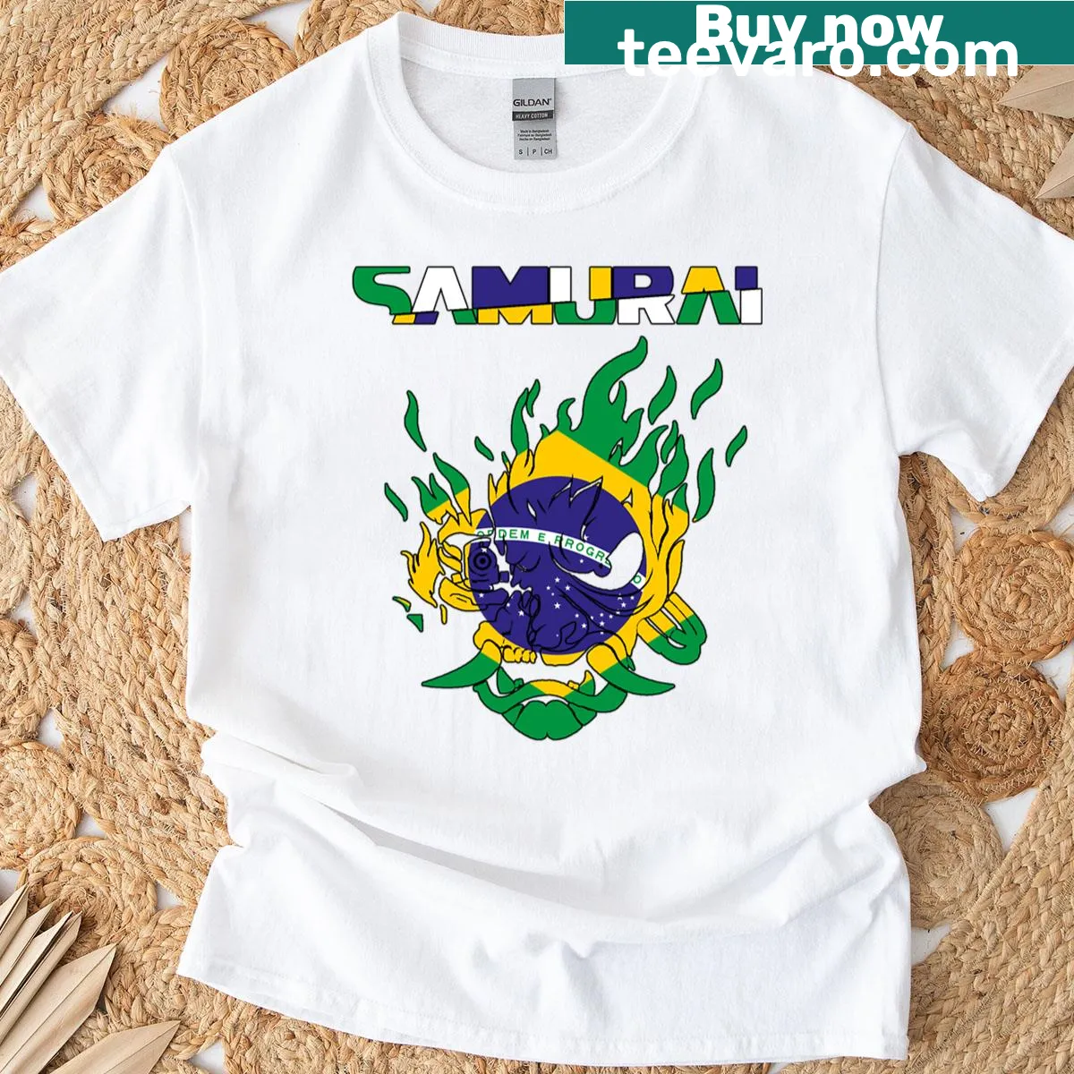 T-shirt featuring a samurai logo inspired by Cyberpunk 2077 — on a men's t-shirt