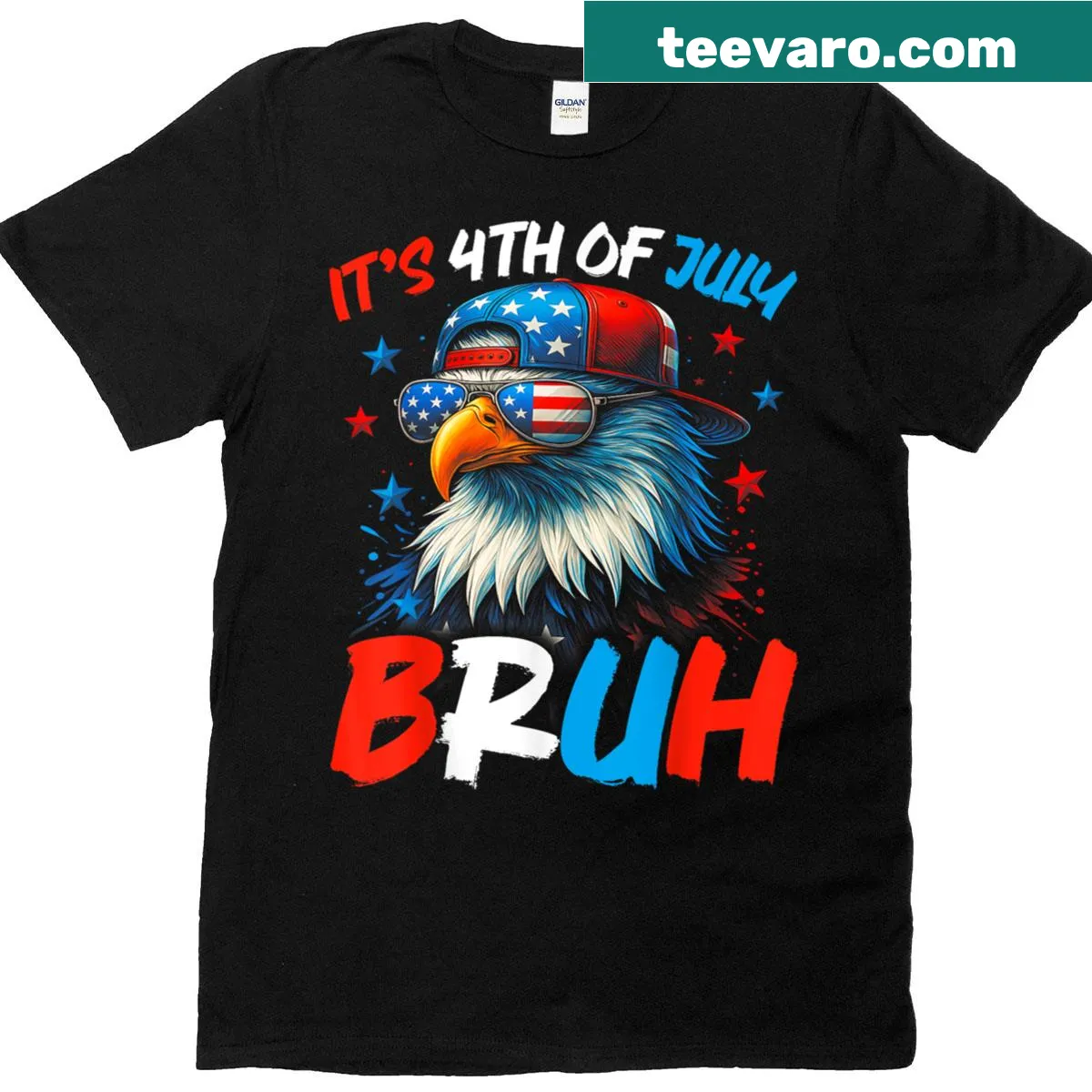 Illustrative T-shirt for kids featuring a bald eagle and Fourth of July theme — on a men's t-shirt