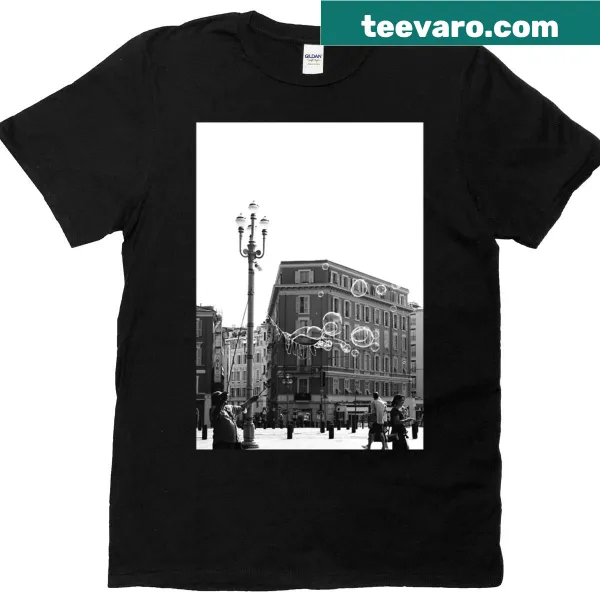Black and white street photography t-shirt featuring bubbles