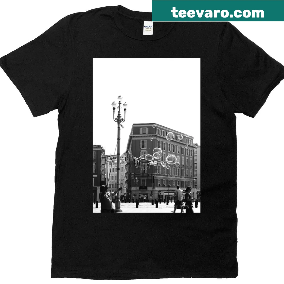 Black and white street photography t-shirt featuring bubbles — on a men's t-shirt