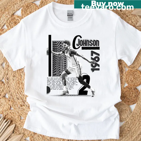 Stylized illustration of a basketball player C Johnson in action, oversized t-shirt