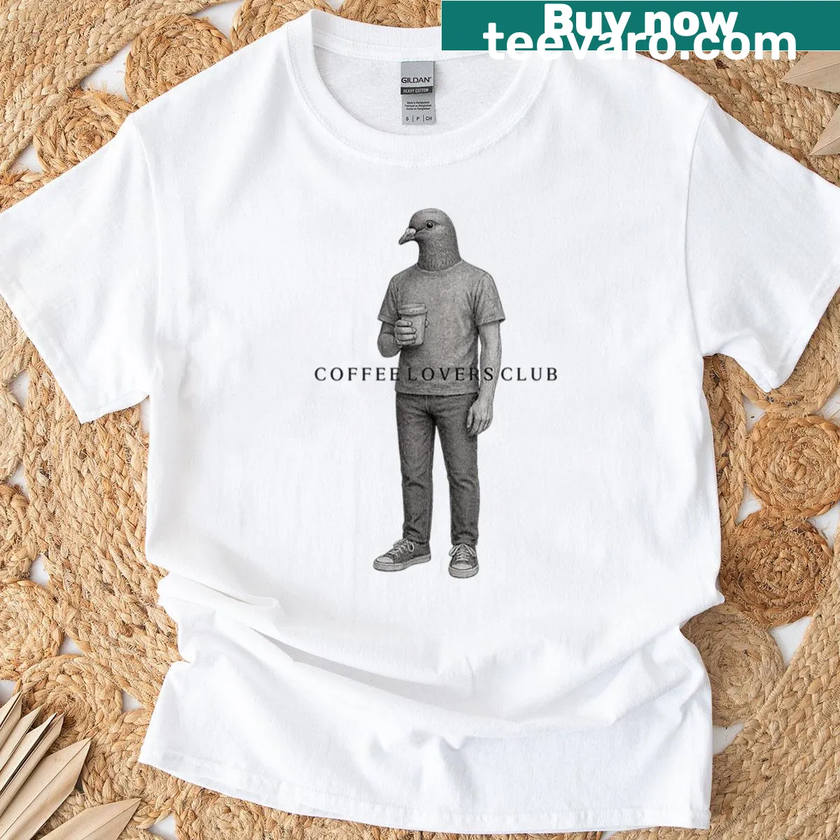 Adorable pigeon holding a coffee cup, Caffeinated Pigeon Social Club t-shirt — on a men's t-shirt
