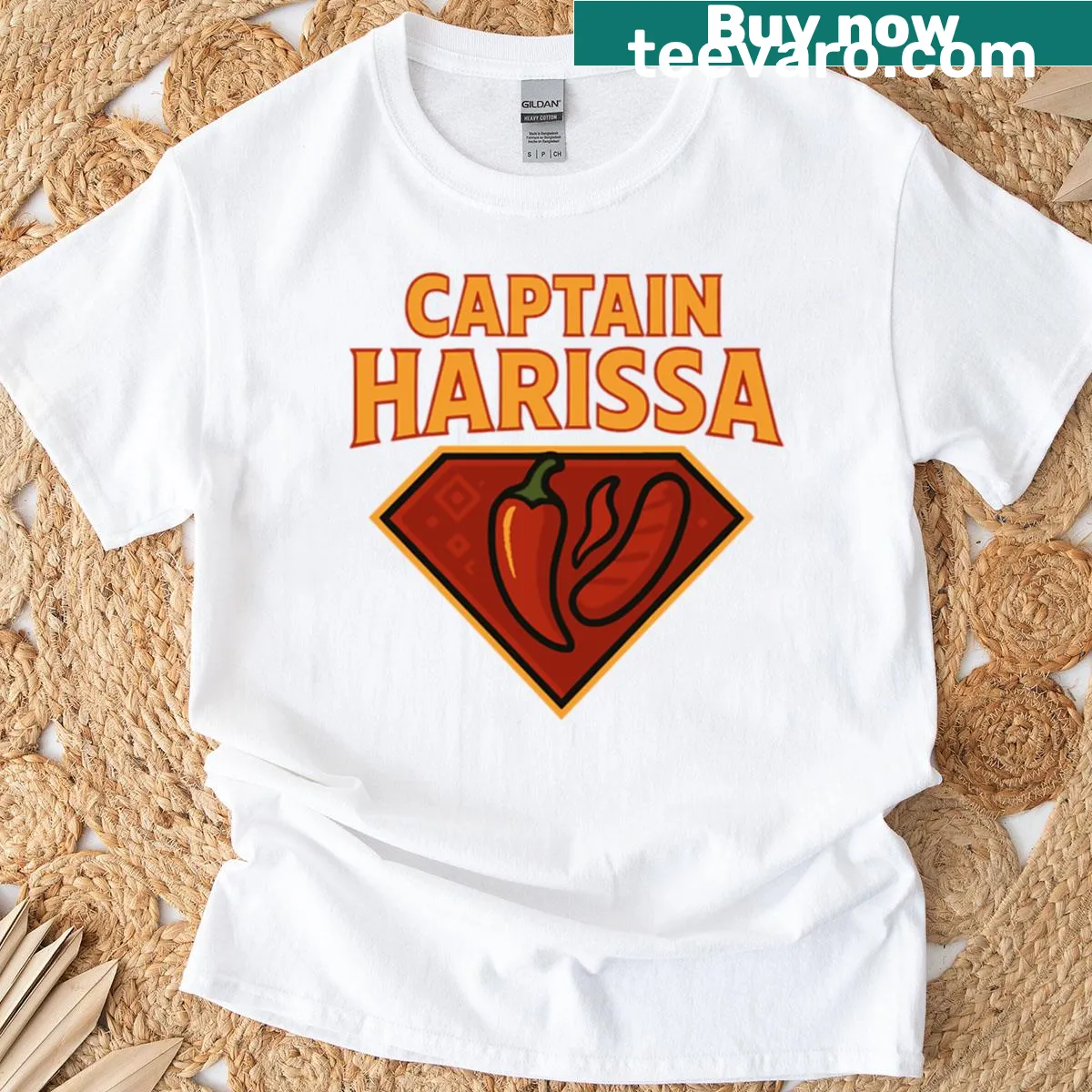 Funny T-shirt featuring graphic of Captain Harissa in a playful design — on a men's t-shirt