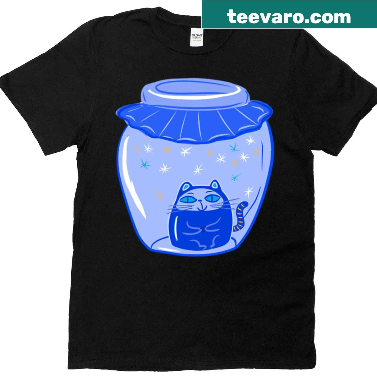 Whimsical cartoon cat peeking from a jar on T-shirt — on a men's t-shirt