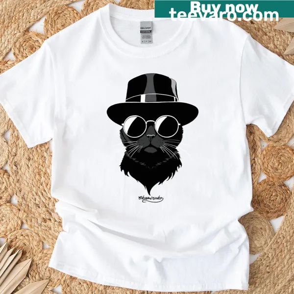 Cute T-shirt featuring a cartoon cat in black silhouette