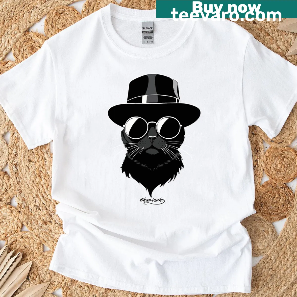 Cute T-shirt featuring a cartoon cat in black silhouette — on a men's t-shirt
