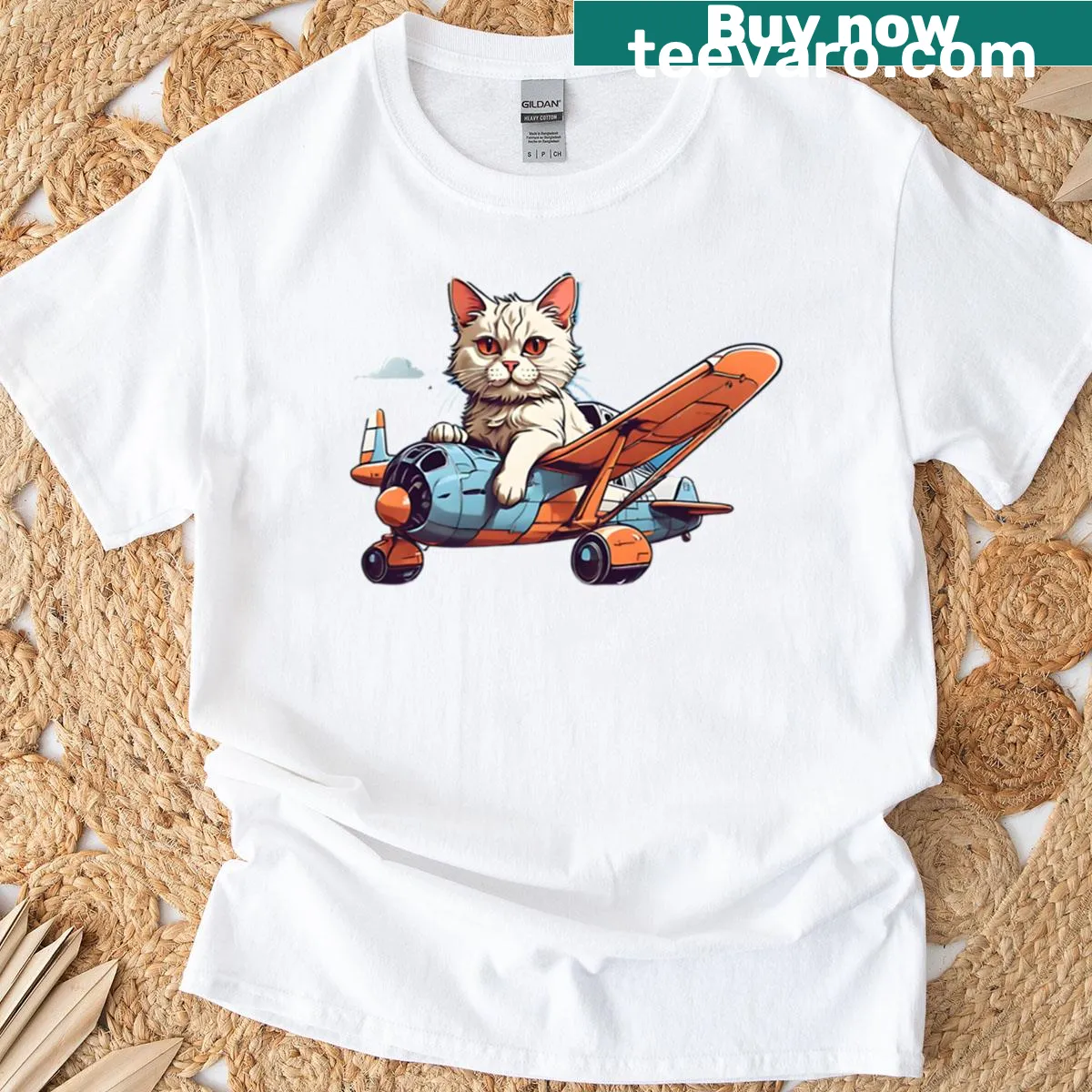 Whimsical T-shirt with a cat next to a plane in a playful design — on a men's t-shirt