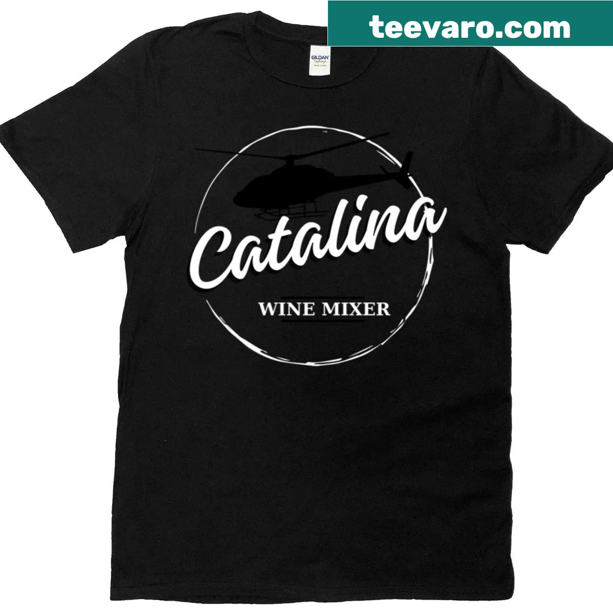 Helicopter illustration celebrating Catalina Wine Mixer on T-shirt — on a men's t-shirt