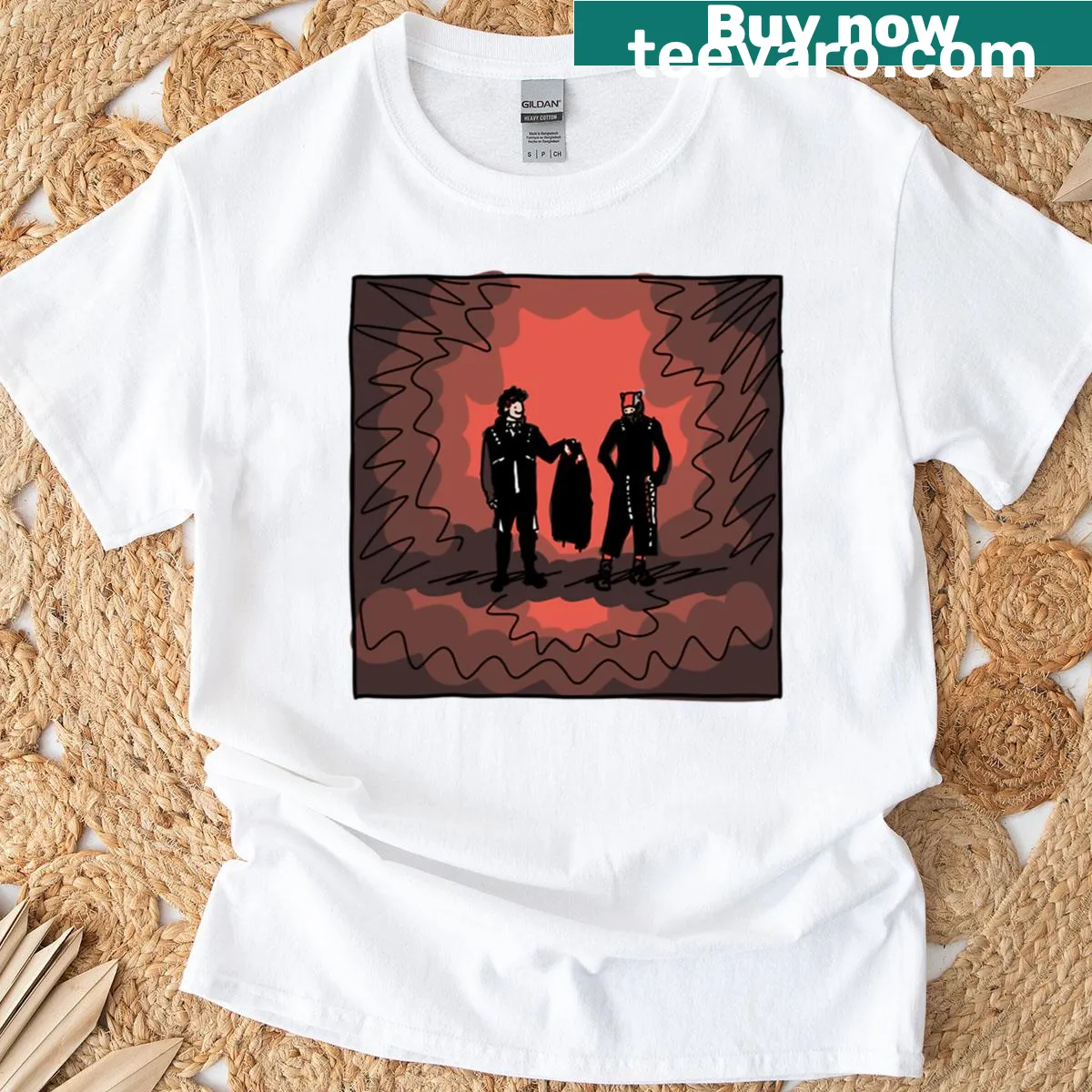 Illustration of a cat with its human friend on a T-shirt — on a men's t-shirt