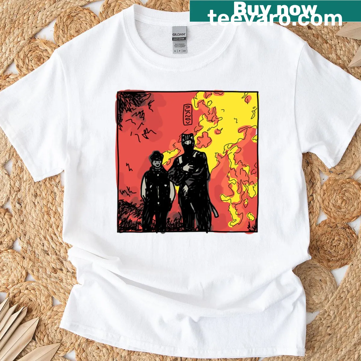 Illustration of a catboi amidst flames on a t-shirt — on a men's t-shirt