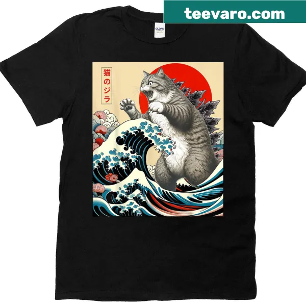 Funny Catzilla t-shirt with a playful Japanese art design