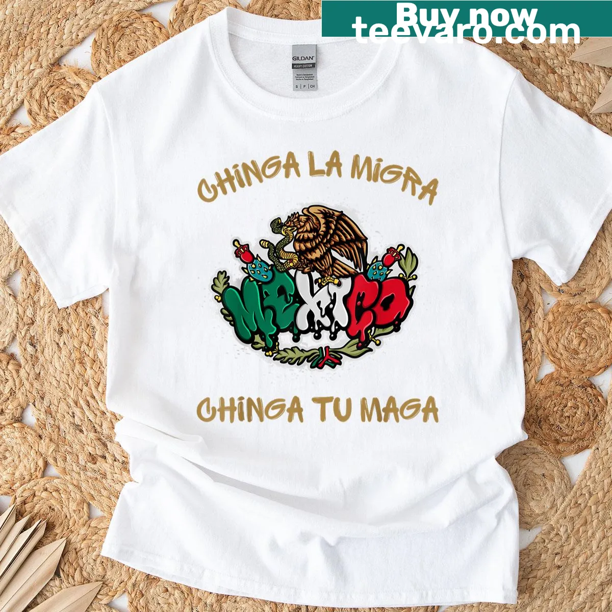 T-shirt featuring 'Chinga La Migra Chinga Tu Maga' text promoting immigrant rights — on a men's t-shirt