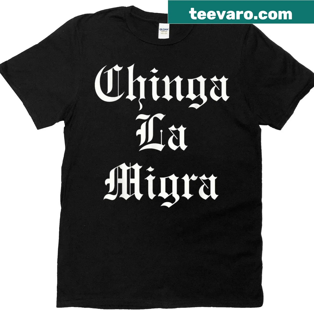 Gothic text T-shirt with immigration resistance message — on a men's t-shirt