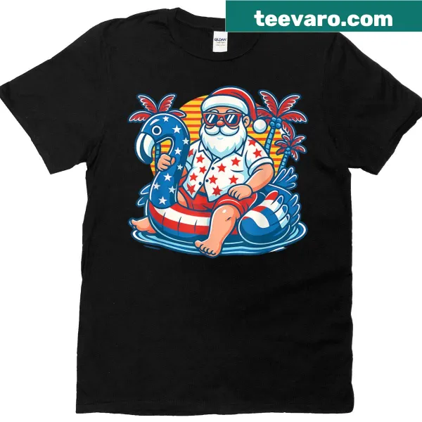 Santa on flamingo pool float in a humorous summer design
