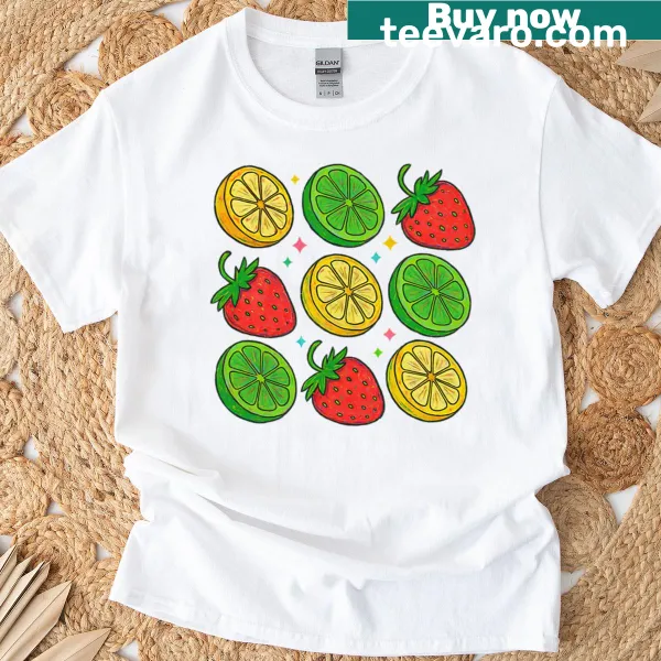 Pop art style T-shirt with citrus and strawberry fruit pattern illustration.