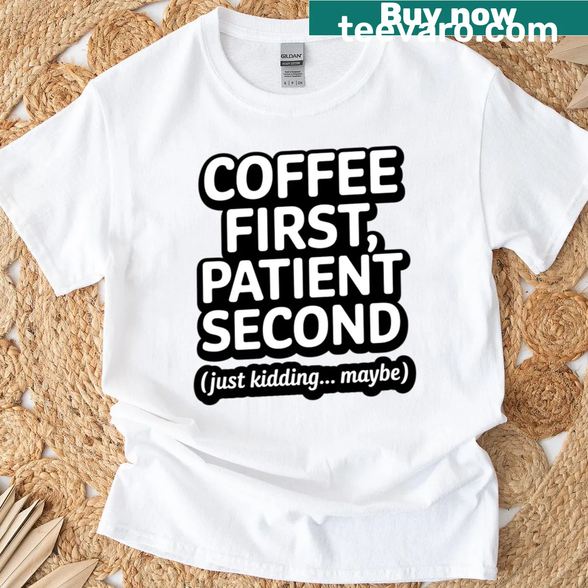 Funny nurse T-shirt with the phrase about coffee and patients in bold text. — on a men's t-shirt