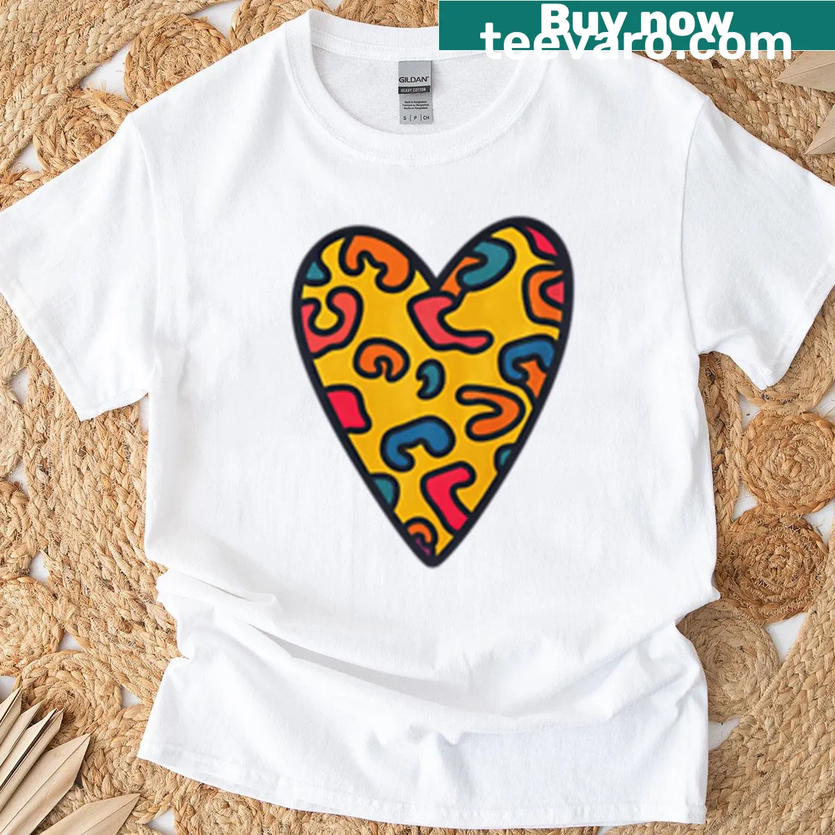 T-shirt with a colorful abstract heart design in retro pop art style — on a men's t-shirt