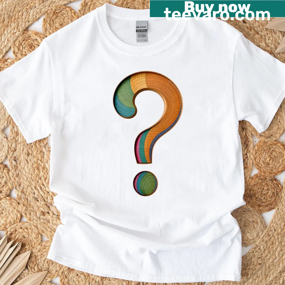 Whimsical T-shirt featuring a colorful wooden question mark design — on a men's t-shirt