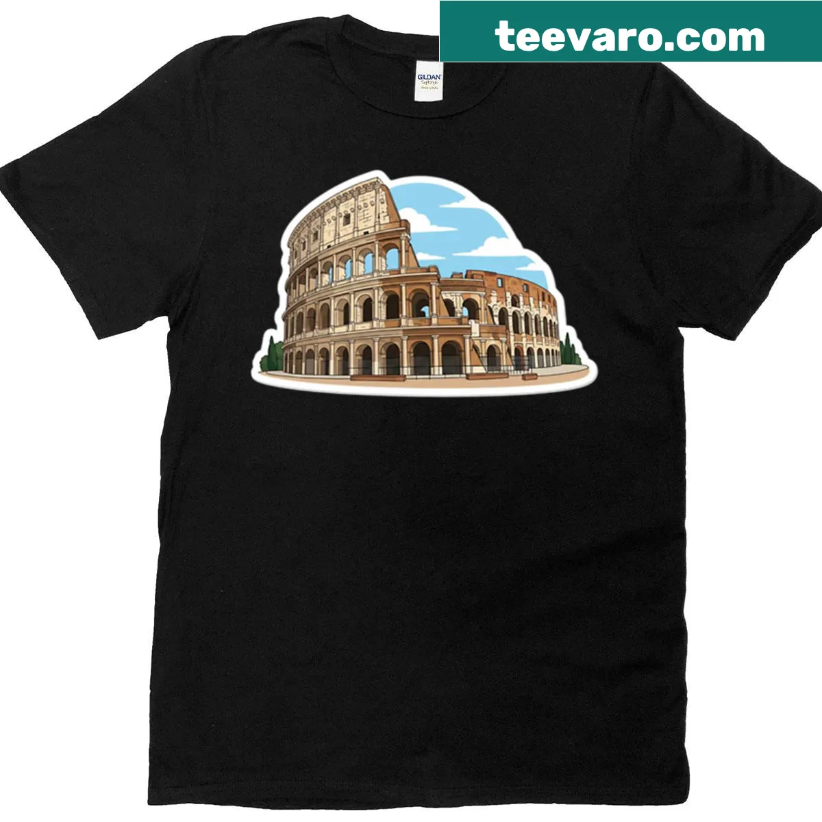 Illustration of the Colosseum monument in Rome on a T-shirt — on a men's t-shirt