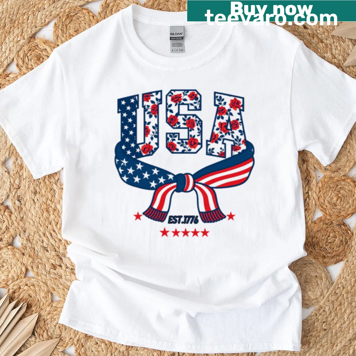 Floral design with patriotic USA theme for Fourth of July — on a men's t-shirt