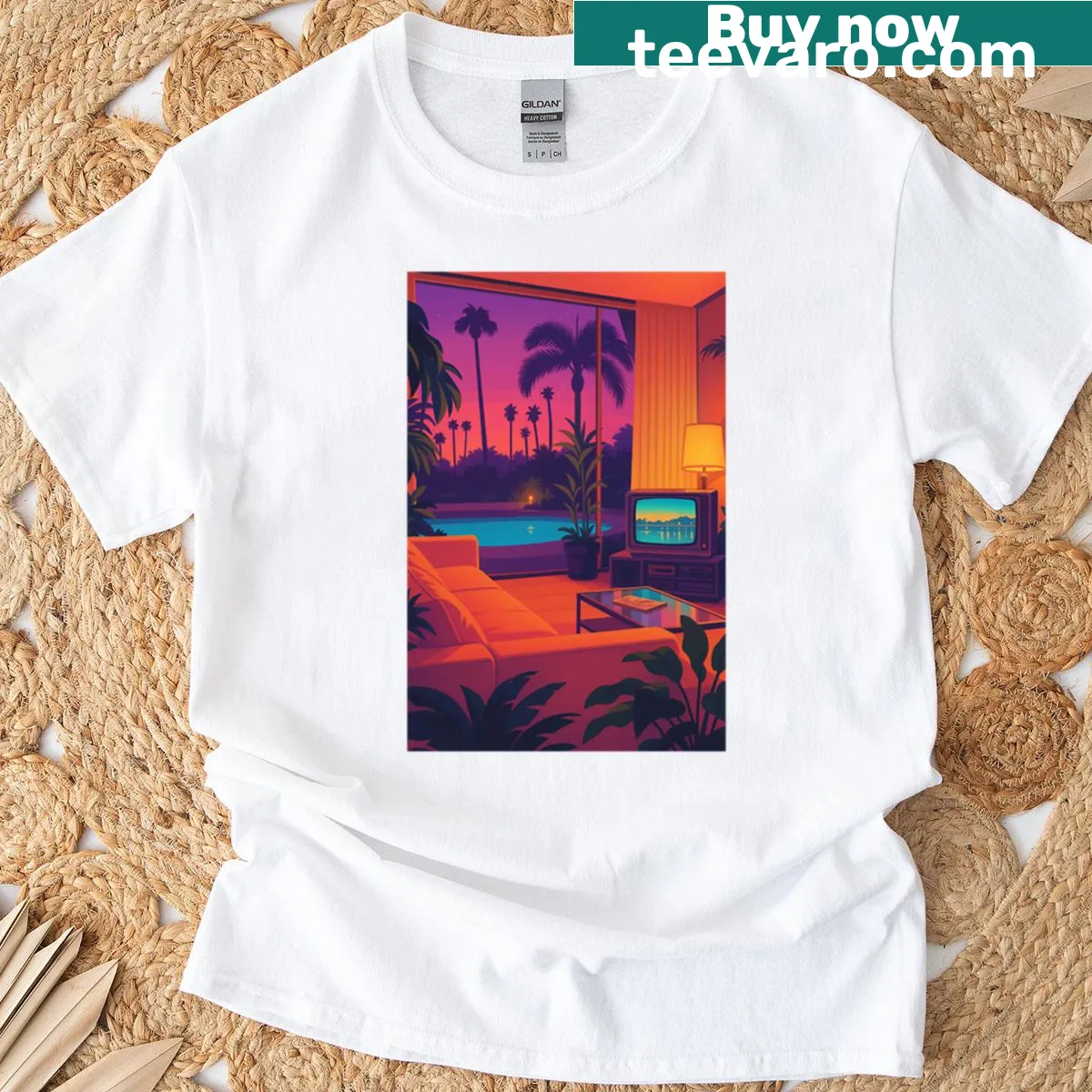 Vaporwave-inspired graphic on a vintage aesthetic T-shirt. — on a men's t-shirt