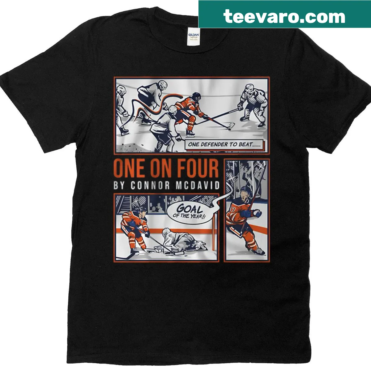 Illustration of Connor McDavid showcasing his hockey skills on a t-shirt — on a men's t-shirt
