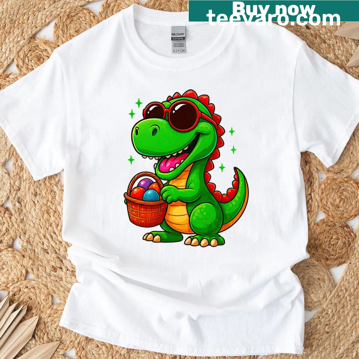 Cartoon dinosaur with sunglasses and Easter basket graphic T-shirt. — on a men's t-shirt