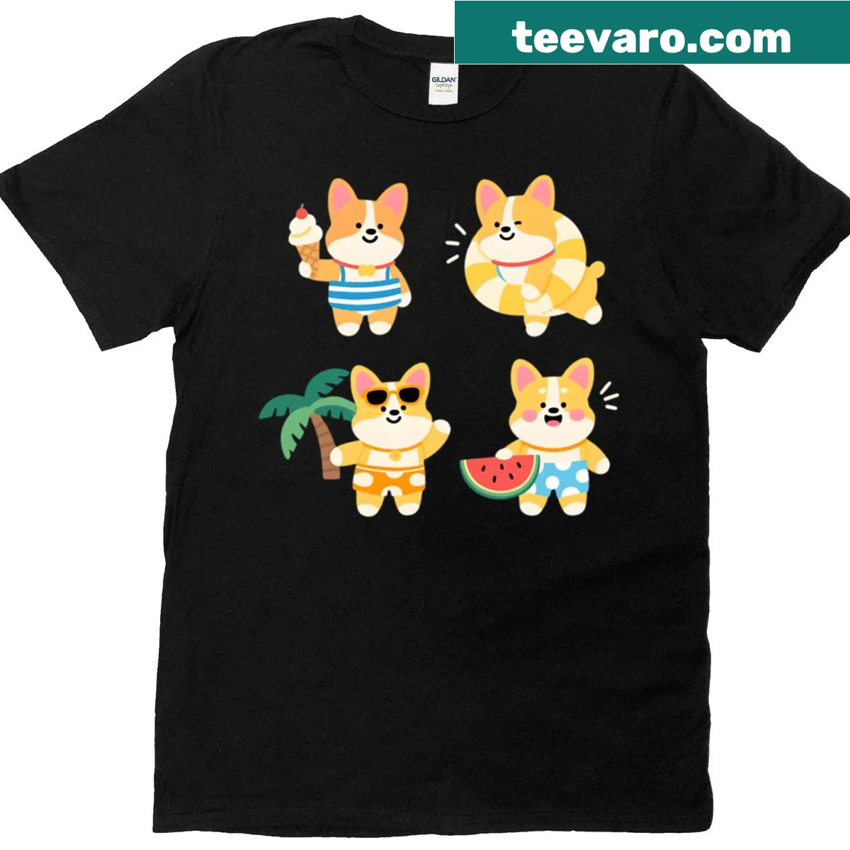 Cute design of corgis enjoying summer activities — on a men's t-shirt