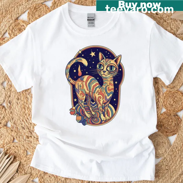 Dreamy cosmic cat illustration on t-shirt.