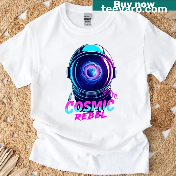 'Cosmic Rebel' text in abstract typography on t-shirt.