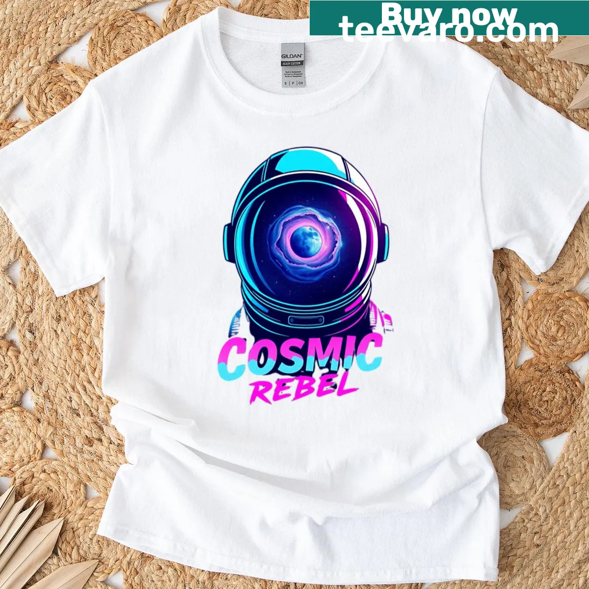 'Cosmic Rebel' text in abstract typography on t-shirt. — on a men's t-shirt