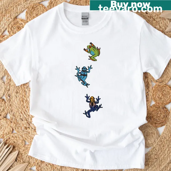 Cartoon graphic of climbing frogs on a fun t-shirt