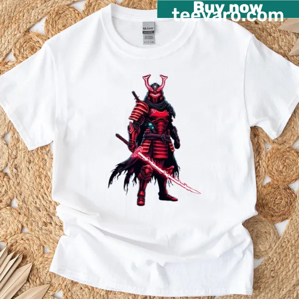 Cyberpunk samurai design on a T-shirt, showcasing a futuristic warrior.