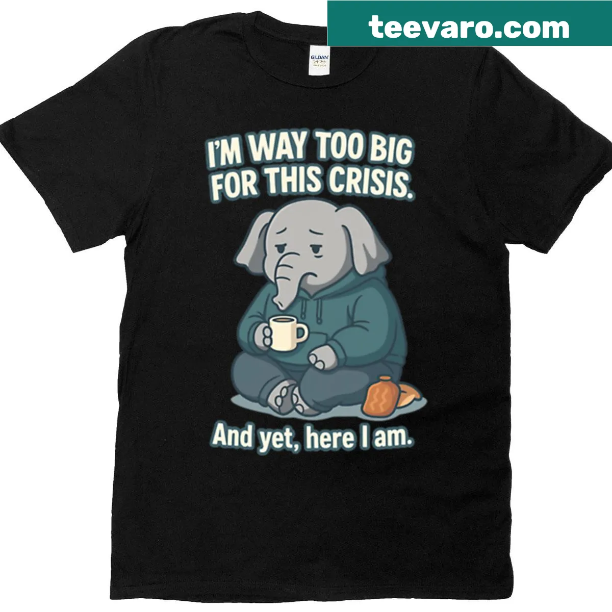 Typography t-shirt with 'Crisis Elephant Too Big To Fail' text — on a men's t-shirt