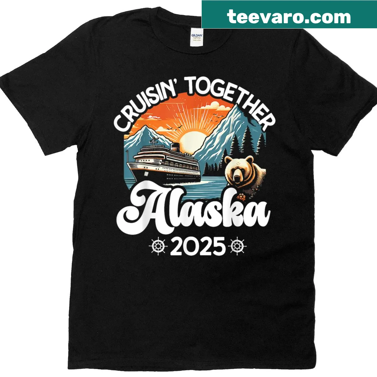 Illustration of an Alaska cruise with the text 'Cruisin Together Alaska 2025' — on a men's t-shirt