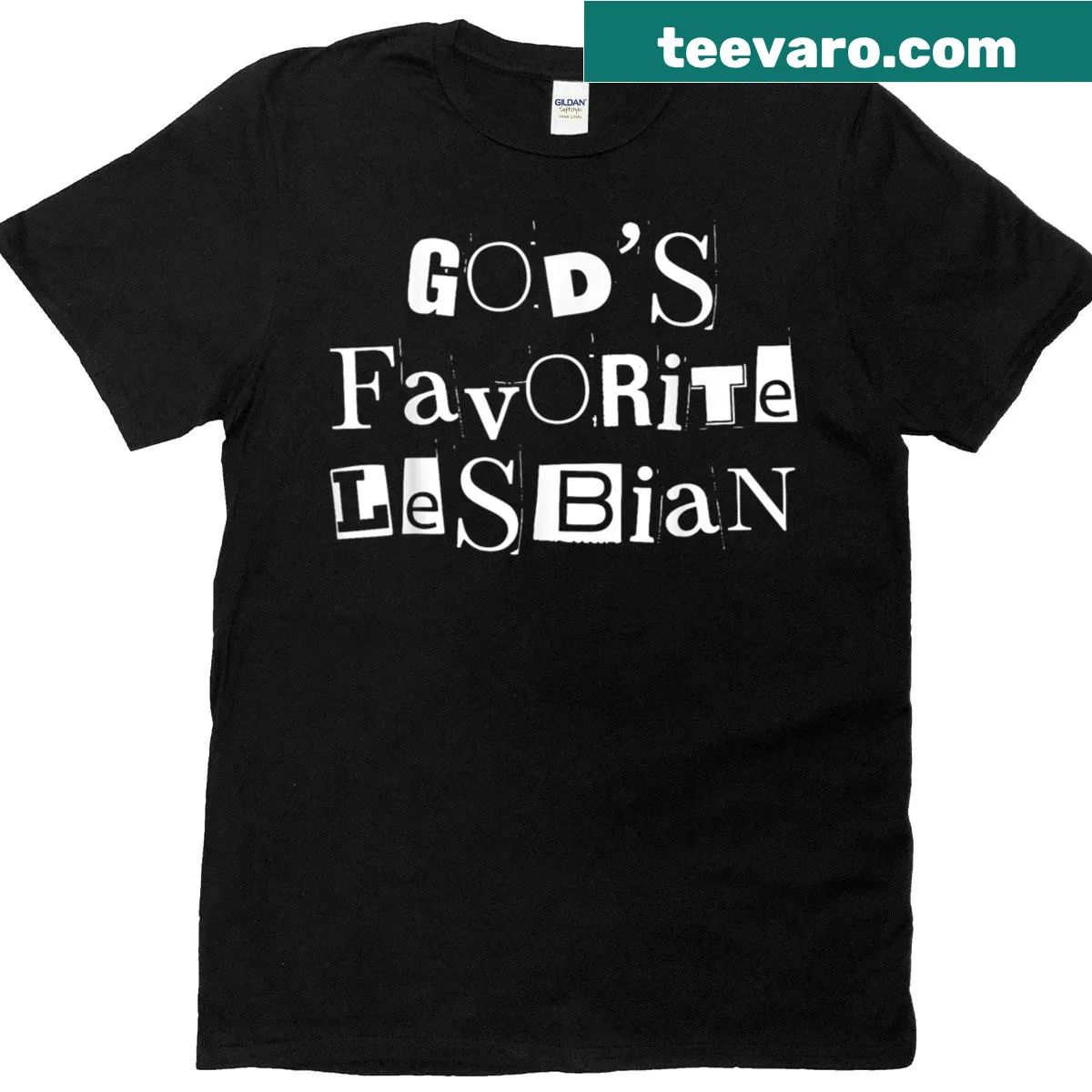 God's Favorite Lesbian text shirt celebrating pride and faith — on a men's t-shirt
