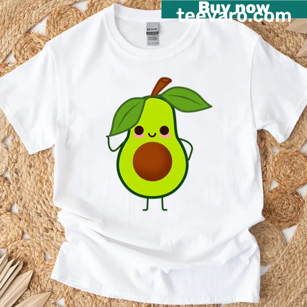 Kawaii avocado character with pink cheeks and a leaf hat on a t-shirt