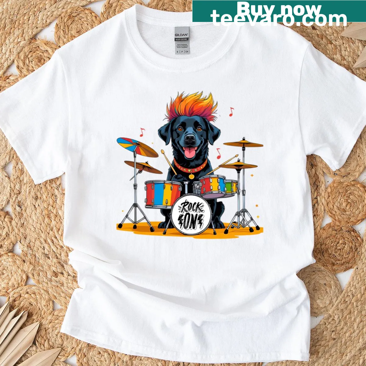 Cartoon Black Labrador Retriever as a rockstar with music notes — on a men's t-shirt