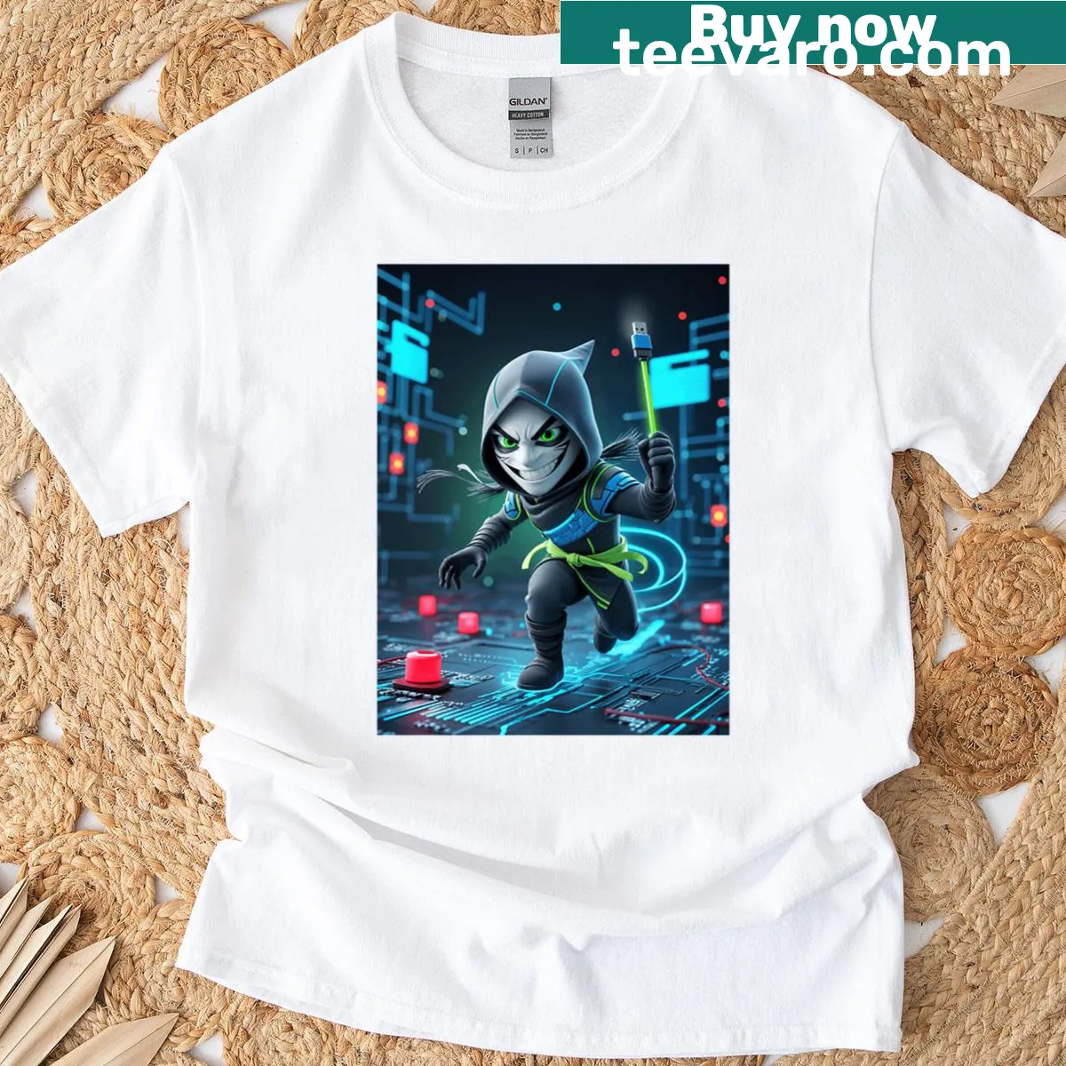 Cyber Ninja themed t-shirt featuring edgy typography and digital graphics — on a men's t-shirt