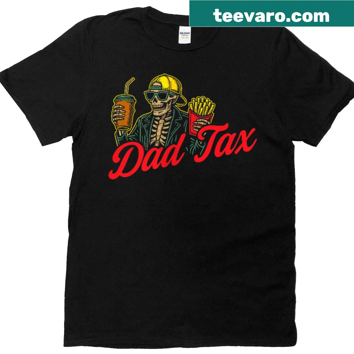 Humorous Dad Tax T-shirt with skeleton graphic and text — on a men's t-shirt