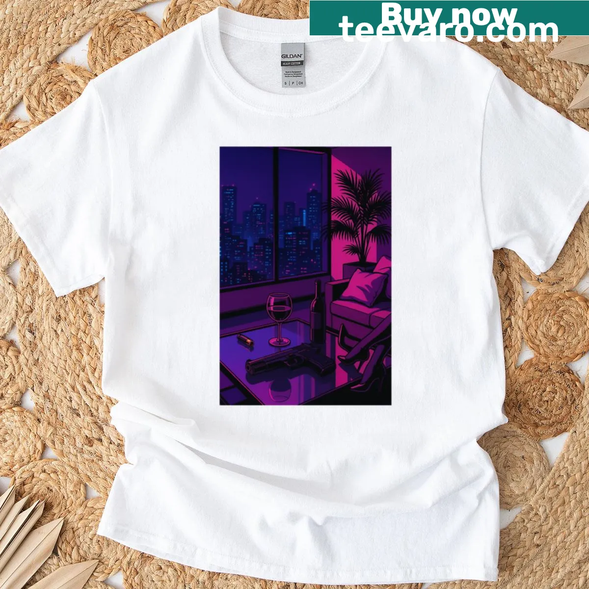 Retro-futuristic synthwave design on a vintage-style t-shirt — on a men's t-shirt