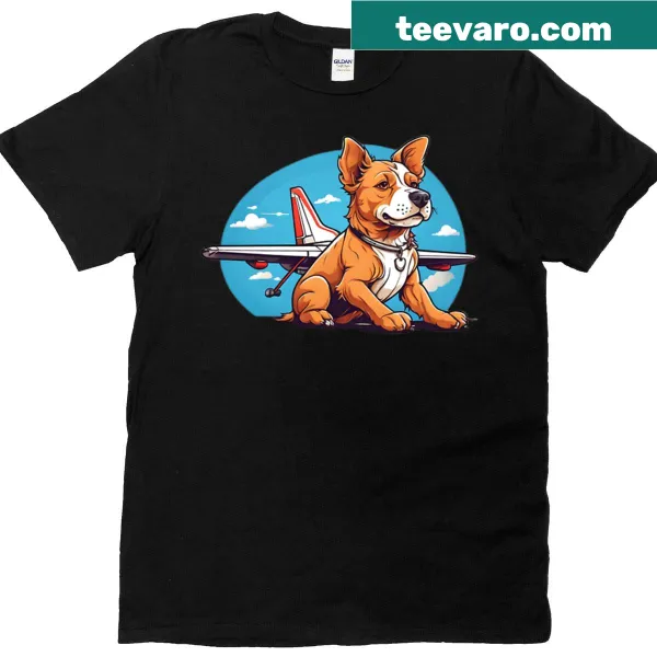 Playful T-shirt featuring a dog next to an airplane illustration