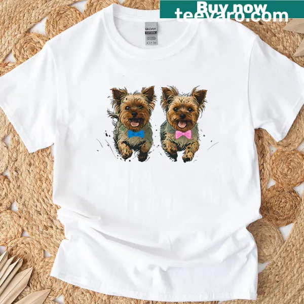Cartoon Yorkies running with bows graphic t-shirt