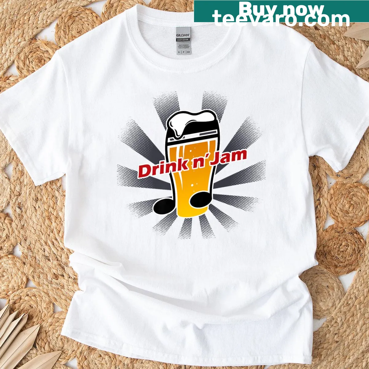 Funny illustration graphic t-shirt about drinks and music — on a men's t-shirt