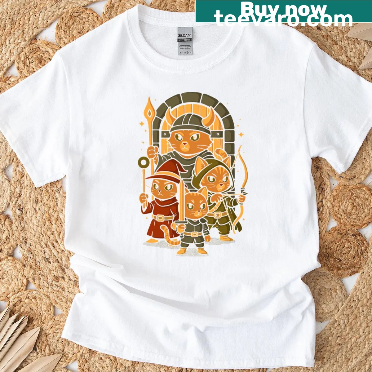 Cat-themed dungeon graphic t-shirt — on a men's t-shirt