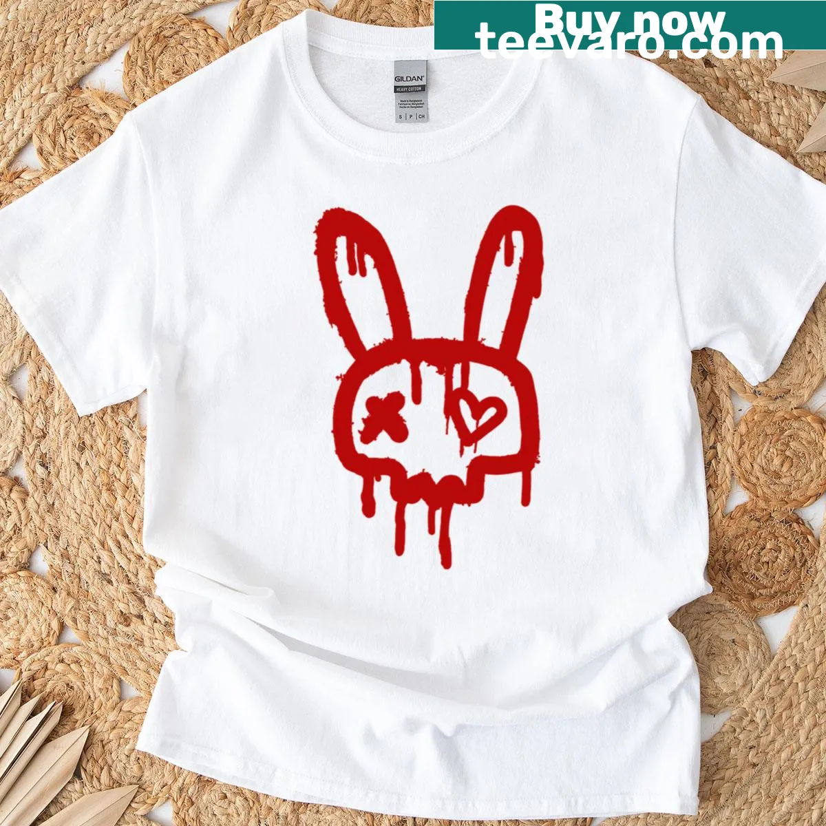 Cartoon-style T-shirt featuring a graffiti bunny skull — on a men's t-shirt