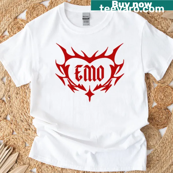 Emo-themed shirt featuring a bold red heart graphic