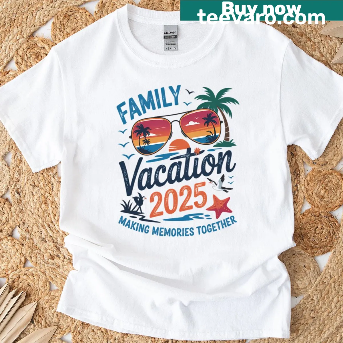 Beach-themed T-shirt celebrating Family Vacation 2025 — on a men's t-shirt