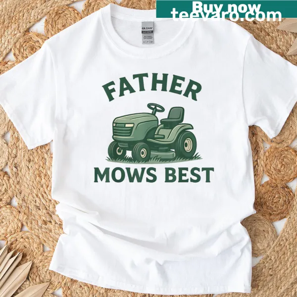 Funny graphic of a dad mowing the lawn on a Father Mows Best T-shirt