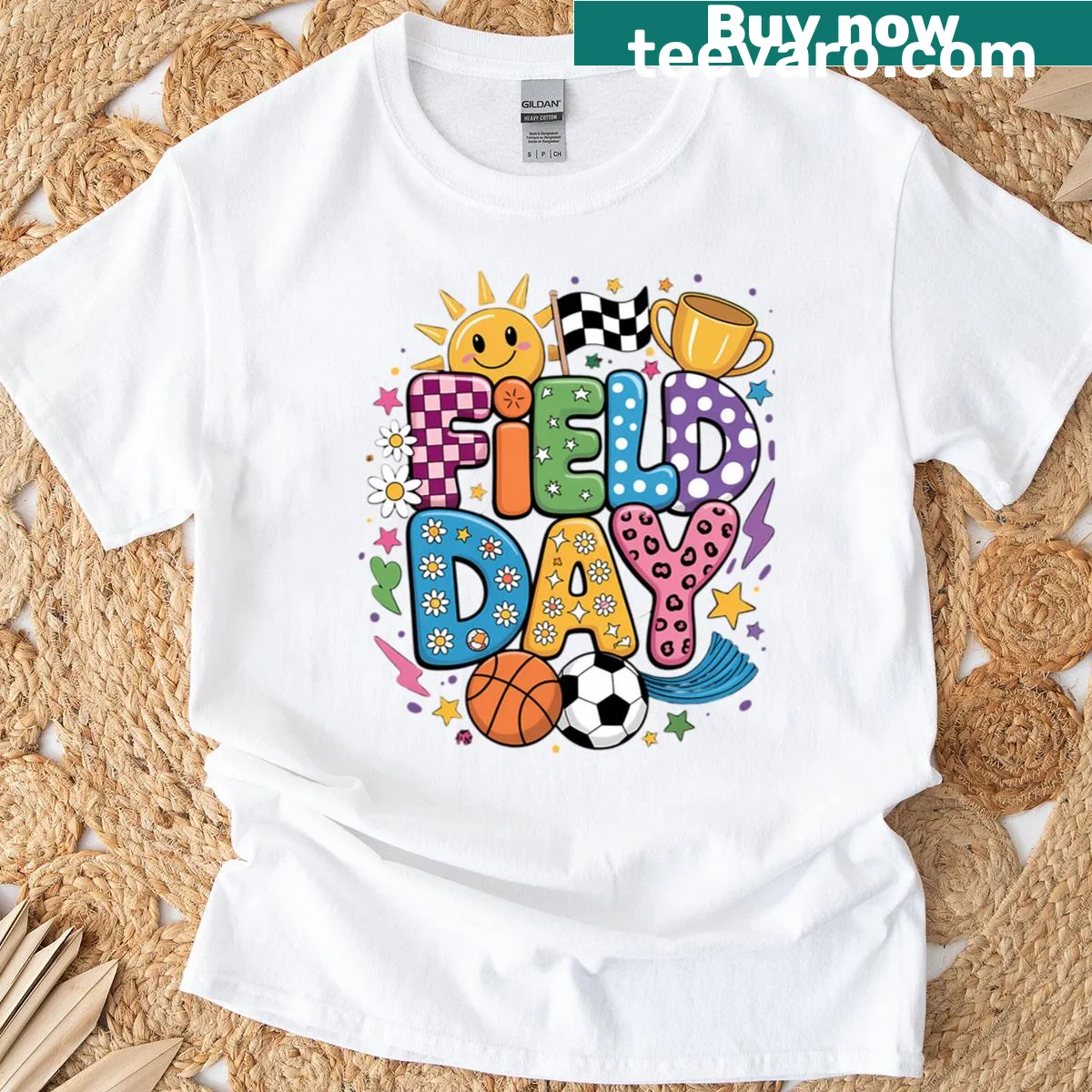 Field Day T-shirt with illustrations of games and events — on a men's t-shirt